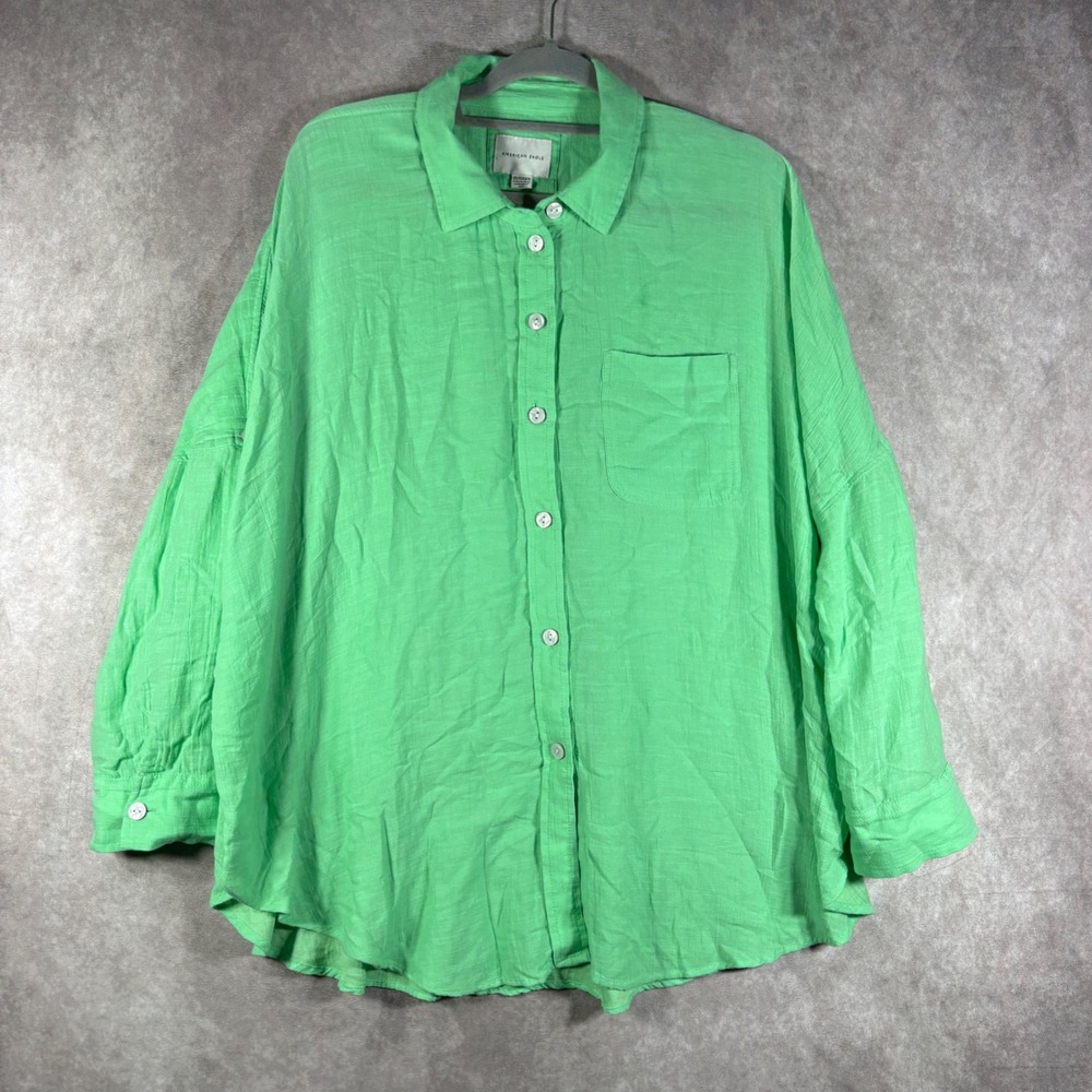 American Eagle Button Down Shirt Womens XS Green Oversized Gauze Cotton‎ Modal